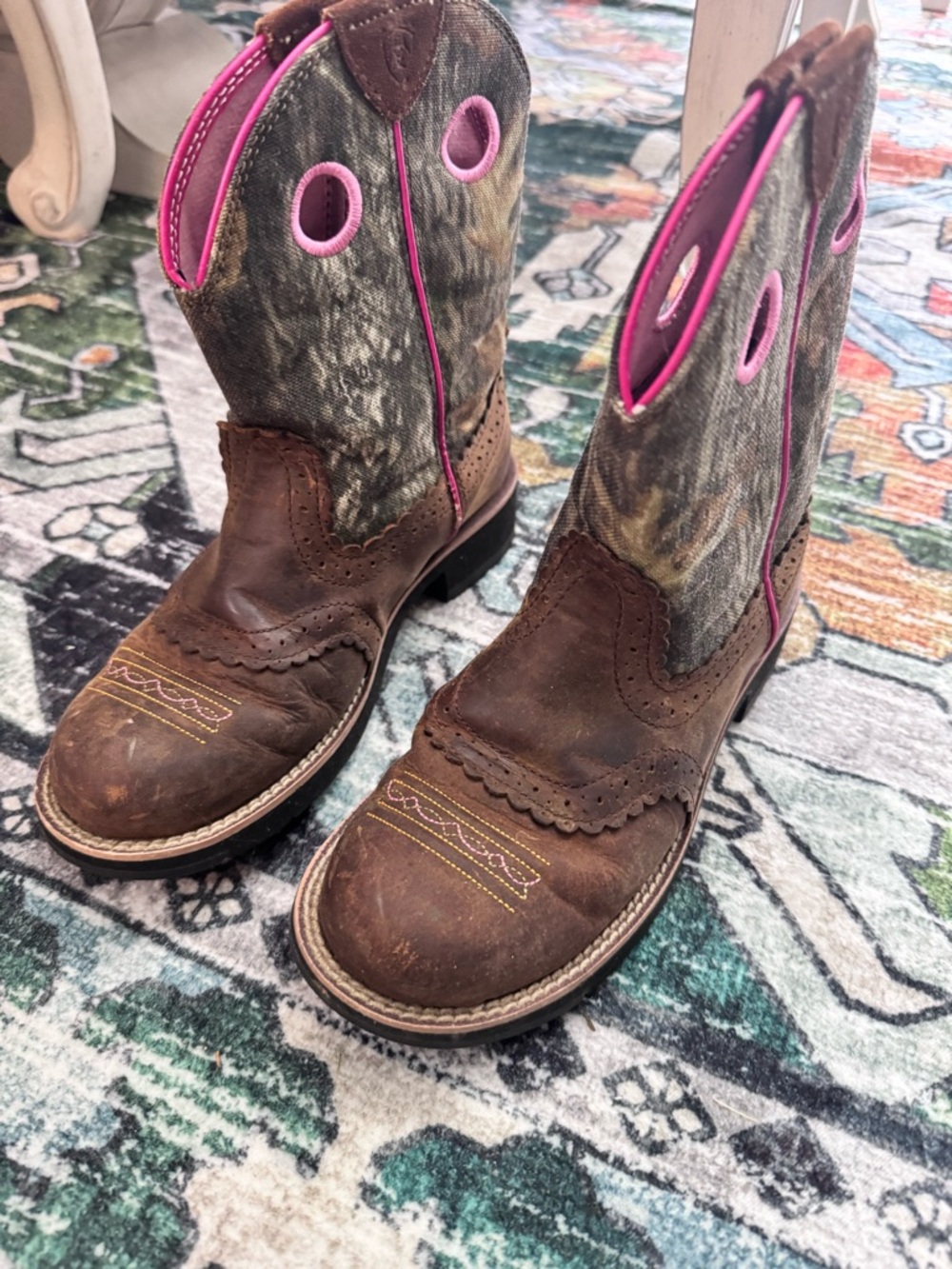 Ariat Brown Leather & Camouflage Ankle Boots with Pink Trim